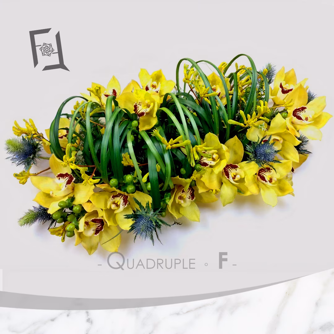 Regal Cymbidium Grace | Golden Cymbidium Orchid Artistic Floral Arrangement — Grand Opening Table Flower / Reception Desk Flower / Monthly Display 1 金蕙迎祥 | 黃蕙蘭 藝術插花 祝賀開張枱花 接待處枱花月花 TA050001