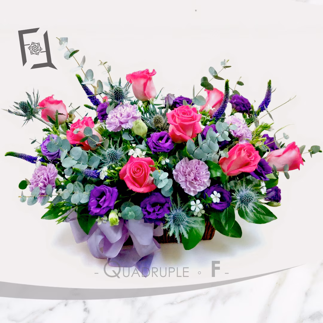 Violet Charm | Hot Pink Rose Table Arrangement – Grand Opening Congratulatory Flower Basket 1 桃紅紫韻 | 桃紅玫瑰枱花開張花籃祝賀花籃 TP010002