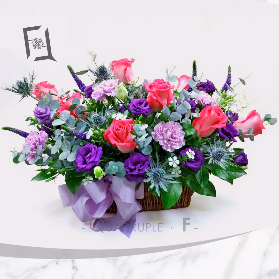 Violet Charm | Hot Pink Rose Table Arrangement – Grand Opening Congratulatory Flower Basket 2 桃紅紫韻 | 桃紅玫瑰枱花開張花籃祝賀花籃 TP010002
