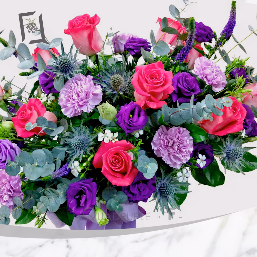 Violet Charm | Hot Pink Rose Table Arrangement – Grand Opening Congratulatory Flower Basket 3 桃紅紫韻 | 桃紅玫瑰枱花開張花籃祝賀花籃 TP010002