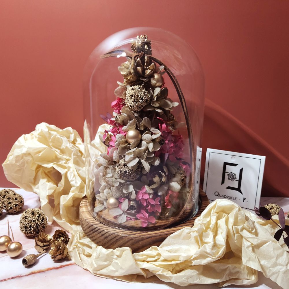 Hydrangea CHRISTMAS Tree | Preserved Flower Hydrangea with Long Glass Dome 2 繡球聖誕樹玻璃罩 | 永生花繡球玻璃長罩 - PT040001
