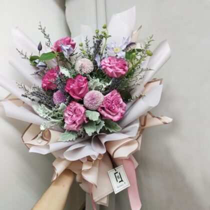 優雅幻愛 | 紫玫瑰紫乒乓鮮花花束 - BL010027