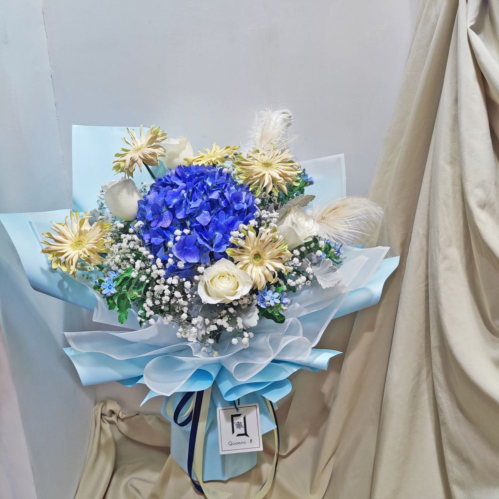 Feathered Blue Starlight | Blue Hydrangea & White Rose Fresh Flower Bouquet 2 Feathered Blue Starlight | Blue Hydrangea & White Rose Fresh Flower Bouquet - BL040002