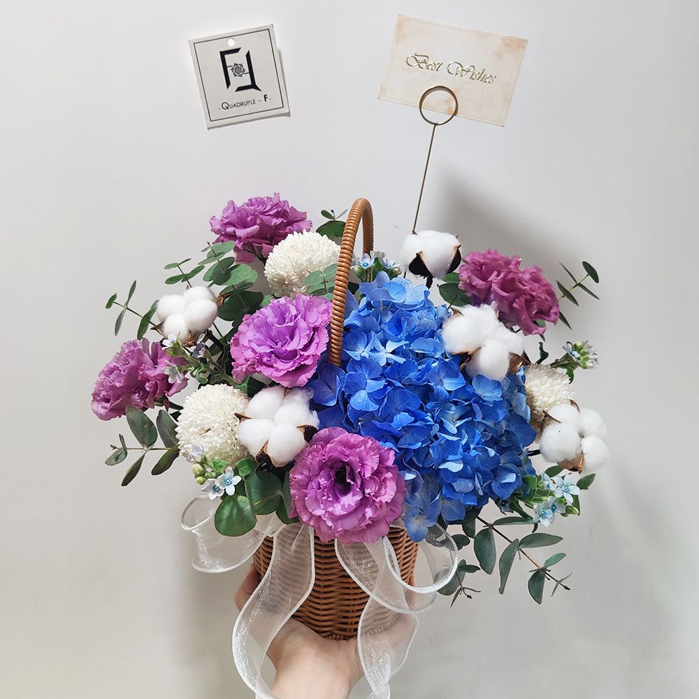 Tranquil Blues | Blue Hydrangea, Wavy Purple Eustoma Hand-Carried Fresh Flower Basket 1 Tranquil Blues | Blue Hydrangea, Wavy Purple Eustoma Hand-Carried Fresh Flower Basket - TP040002