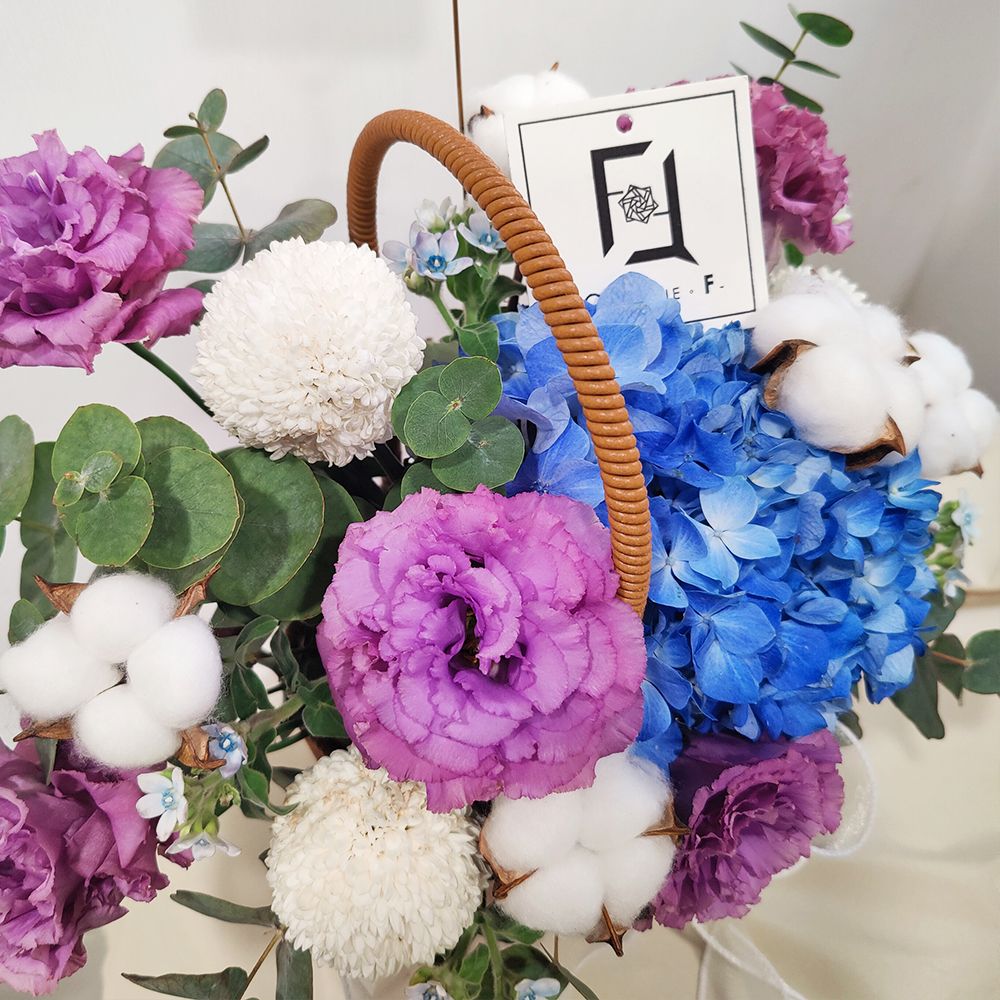 Tranquil Blues | Blue Hydrangea, Wavy Purple Eustoma Hand-Carried Fresh Flower Basket 2 Tranquil Blues | Blue Hydrangea, Wavy Purple Eustoma Hand-Carried Fresh Flower Basket - TP040002