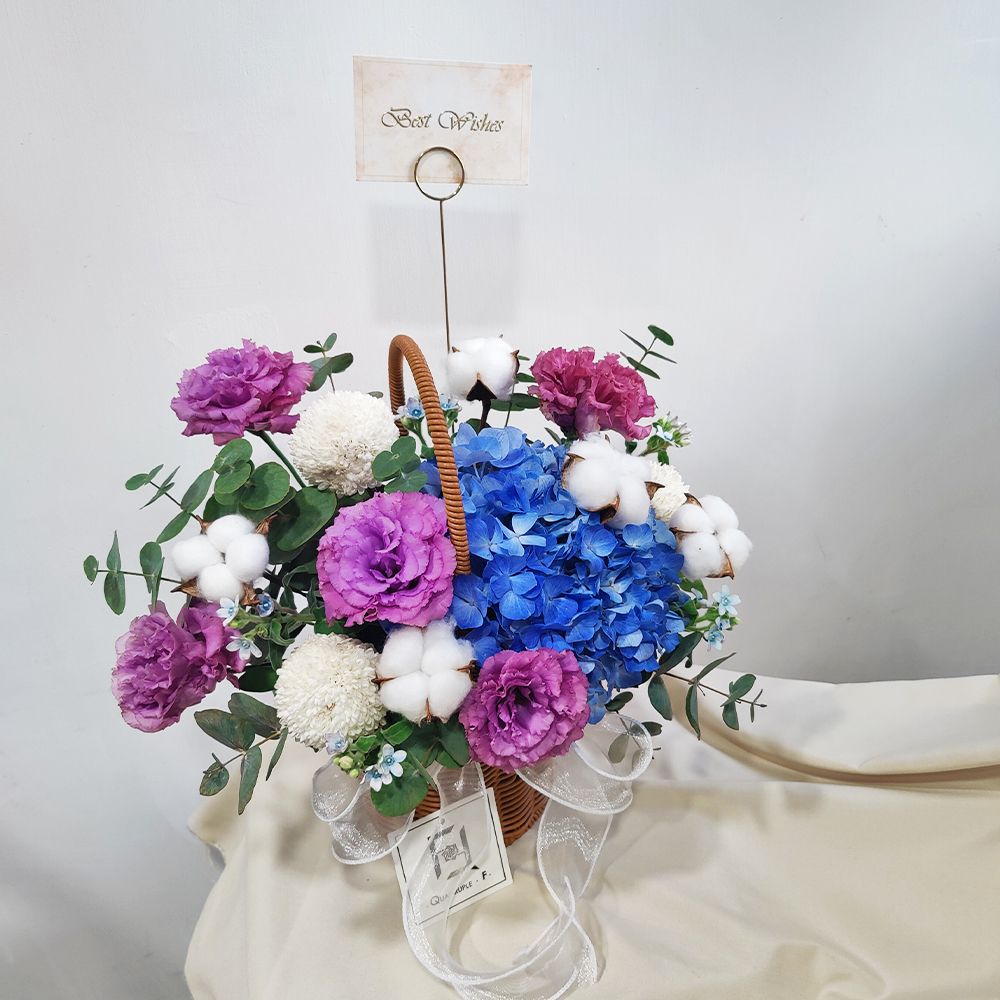 Tranquil Blues | Blue Hydrangea, Wavy Purple Eustoma Hand-Carried Fresh Flower Basket 3 Tranquil Blues | Blue Hydrangea, Wavy Purple Eustoma Hand-Carried Fresh Flower Basket - TP040002
