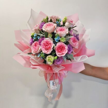 粉玫瑰波浪紫洋桔梗鮮花花束 BL010041