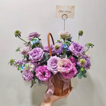 紫玫瑰紫羅蘭藍星花鮮花枱花手提花籃 TP010007