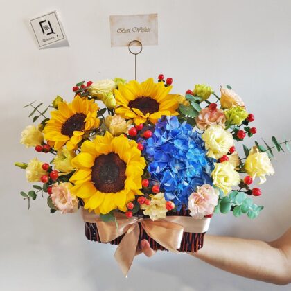 向日葵藍繡球鮮花枱花心意花籃 TP060001
