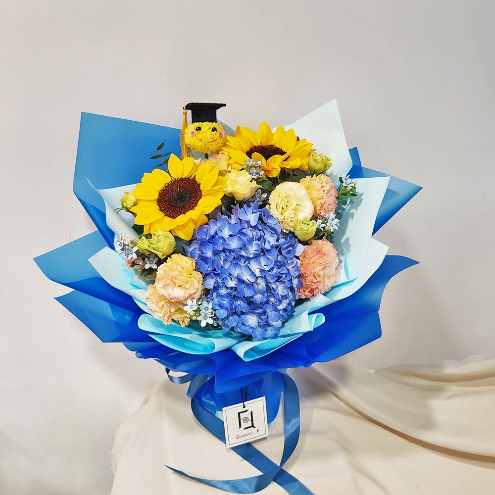 Graduation Galaxy | Sunflower, Blue Hydrangea & Graduation Cap Fresh Flower Bouquet 2 Graduation Galaxy | Sunflower, Blue Hydrangea & Graduation Cap Fresh Flower Bouquet - BL060008