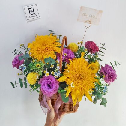 重瓣向日葵波浪紫洋桔梗鮮花枱花手提花籃 TP060003