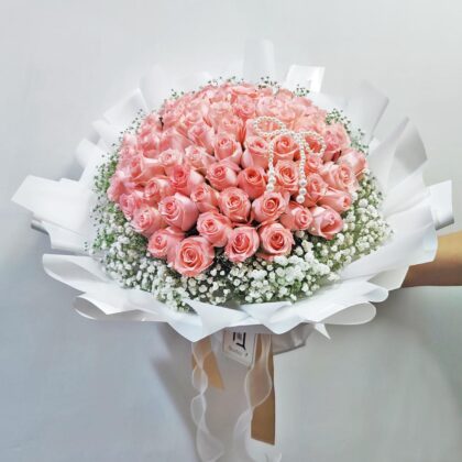 瑰麗無雙 | 66支粉紅玫瑰滿天星鮮花求婚花束 - BH010015