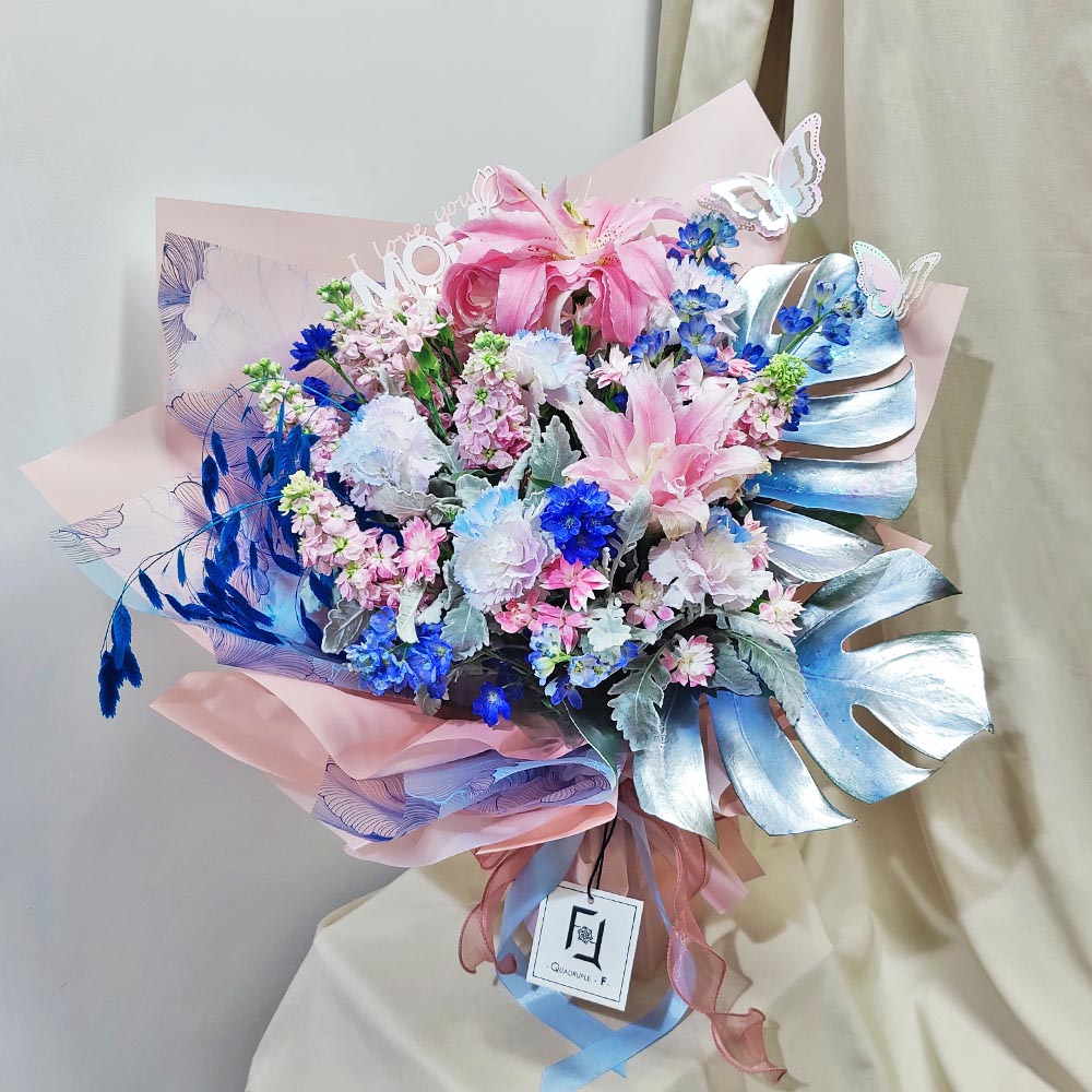 幻藍星蝶 | 雙托粉紅百合紫藍康乃馨鮮花花束 3 幻藍星蝶 | 雙托粉紅百合紫藍康乃馨鮮花花束 - BL050001