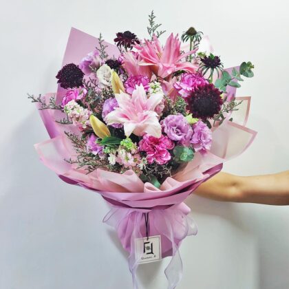 韶華紫夢 | 雙托粉紅百合紫康乃馨鮮花花束 - BL050004