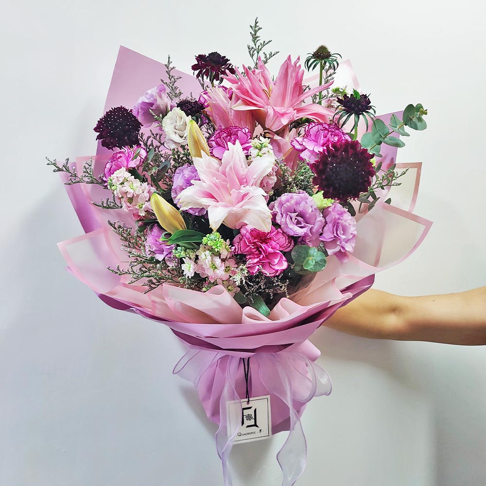 韶華紫夢 | 雙托粉紅百合紫康乃馨鮮花花束 1 韶華紫夢 | 雙托粉紅百合紫康乃馨鮮花花束 - BL050004