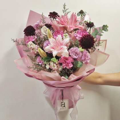 韶華紫夢 | 雙托粉紅百合紫康乃馨鮮花花束 - BL050004