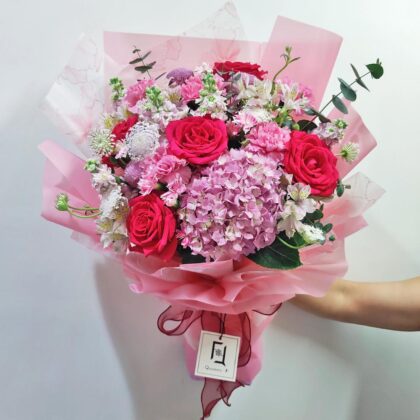 錦簇桃粉 | 桃紅玫瑰粉紅繡球鮮花花束 - BL040008