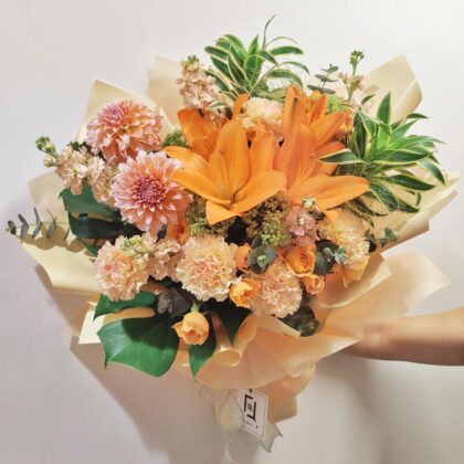 Autumn Whisper | Orange Lily & Peach Dahlia Fresh Flower Bouquet - BL050003