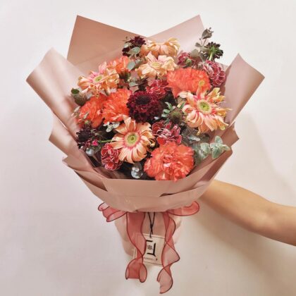Flame of Passion | Orange-Red Carnation & Ruffled Pink Gerbera Fresh Flower Bouquet - BL070011