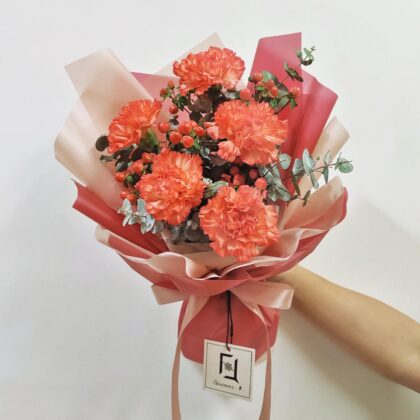Burning Heart | Orange-red Carnations & Red Coco Fresh Flower Bouquet - BM070011
