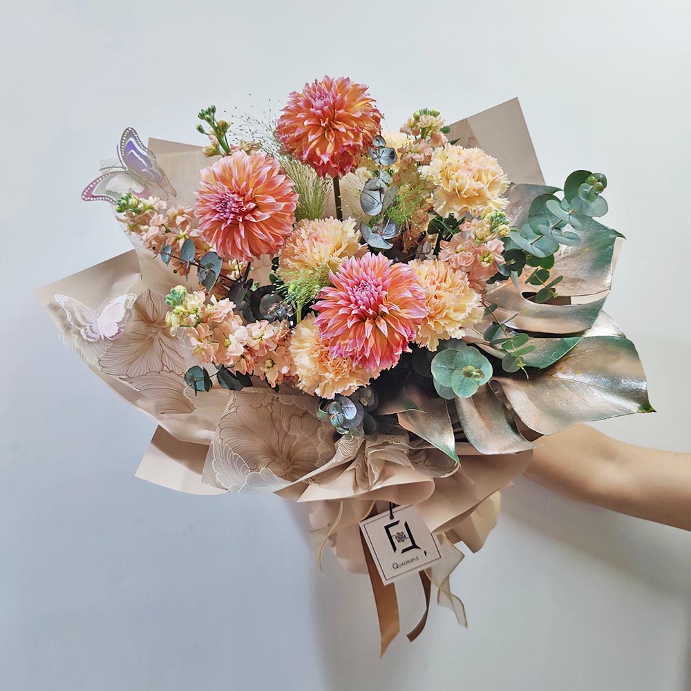 Champagne Glow | Peach Dahlia & Champagne Stock Fresh Flower Bouquet 1 Champagne Glow | Peach Dahlia & Champagne Stock Fresh Flower Bouquet - BL070003