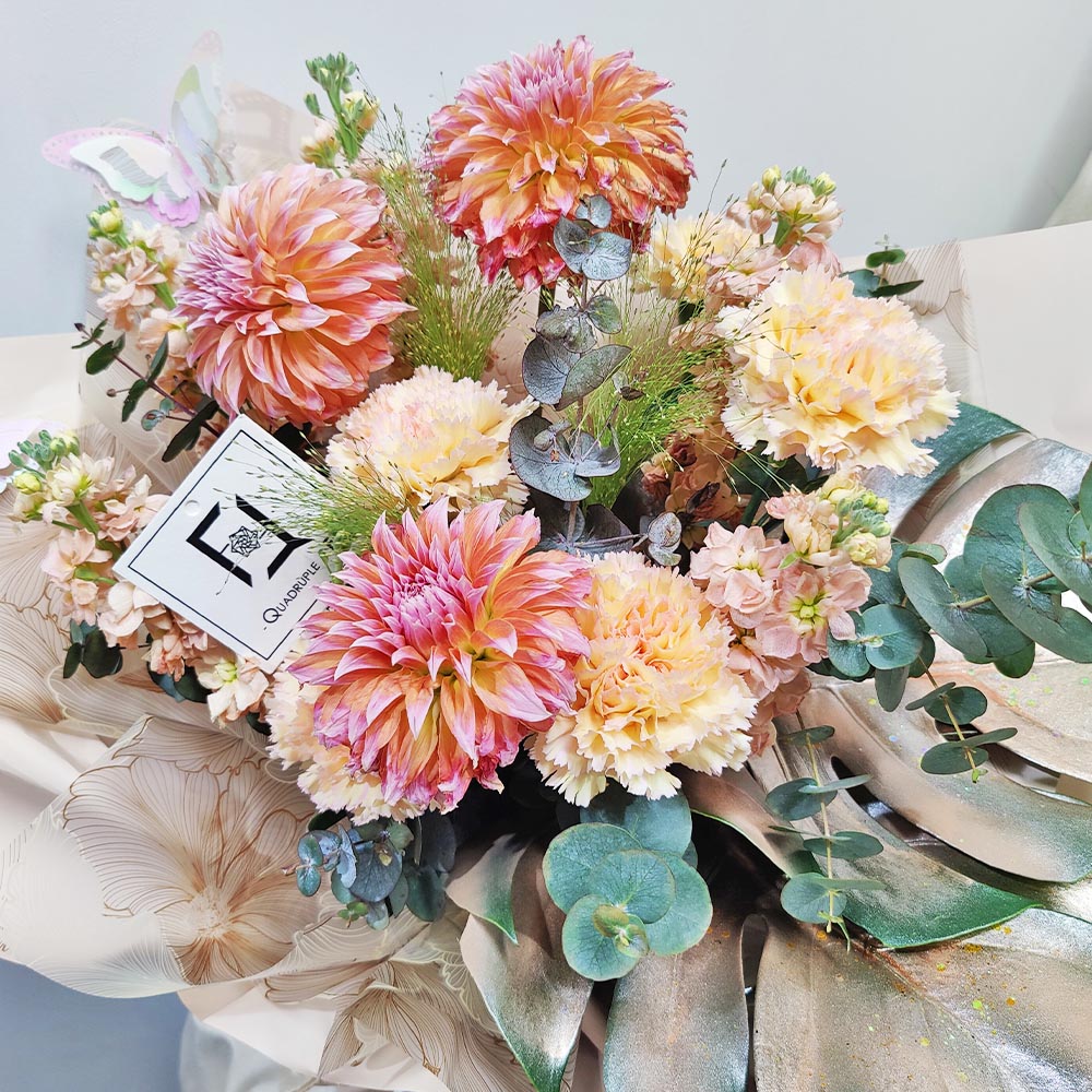 Champagne Glow | Peach Dahlia & Champagne Stock Fresh Flower Bouquet 2 Champagne Glow | Peach Dahlia & Champagne Stock Fresh Flower Bouquet - BL070003