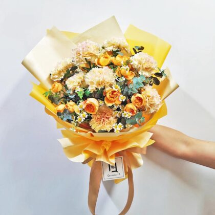 暖橘餘暉 | 粉邊香檳康乃馨橙小玫瑰鮮花花束 - BL070006