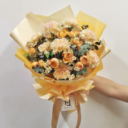 Warm Sunset Glow | Pink-Edged Champagne Carnation & Orange Spray Rose Fresh Flower Bouquet - BL070006