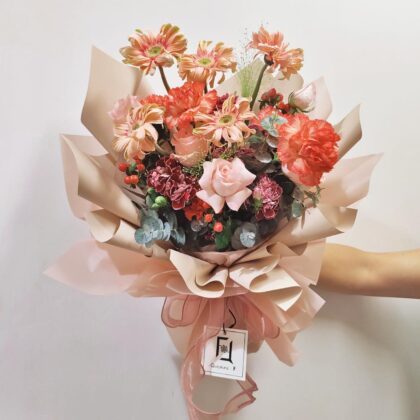 Blooming Abundance | Pink Rose & Orange-Red Carnation Fresh Flower Bouquet - BM070004