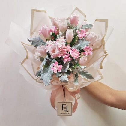 Frosty Petal | Pink Tulip & Pink Carnation Fresh Flower Bouquet - BM030001