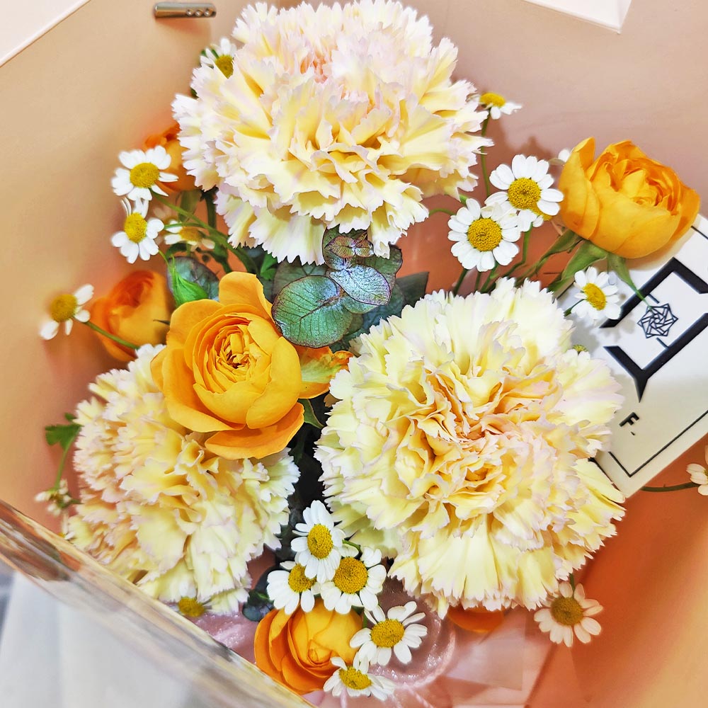 Sunlit Grace | Pink-edged Champagne Carnations & Chamomile Fresh Flower Box 4 Sunlit Grace | Pink-edged Champagne Carnations & Chamomile Fresh Flower Box - TC070005