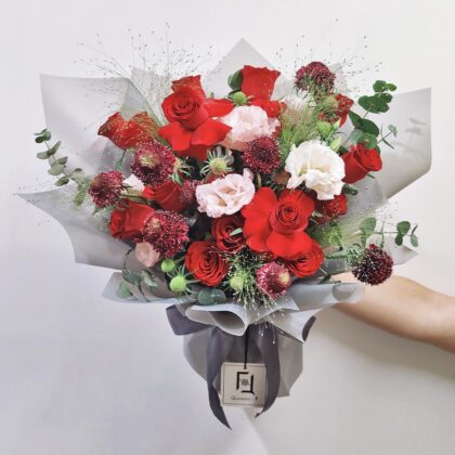Misty Crimson Rain | Red Rose & Wavy Pink Lisianthus Fresh Flower Bouquet - BL010047