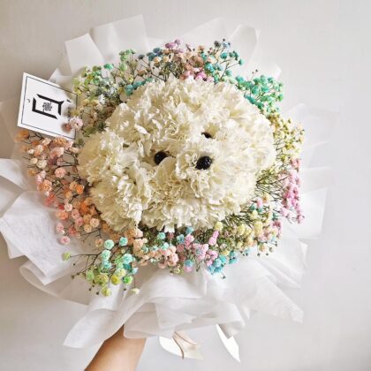 雪白絨絨 | 比熊犬狗仔造型鮮花花束 - BM070001