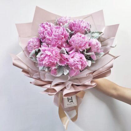 富士幻夢 | 粉牡丹(芍藥)銀絨葉鮮花花束 - BL080005