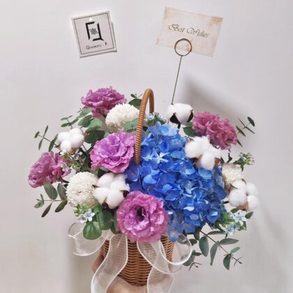 藍繡球波浪紫洋桔梗鮮花枱花手提花籃 TP040002