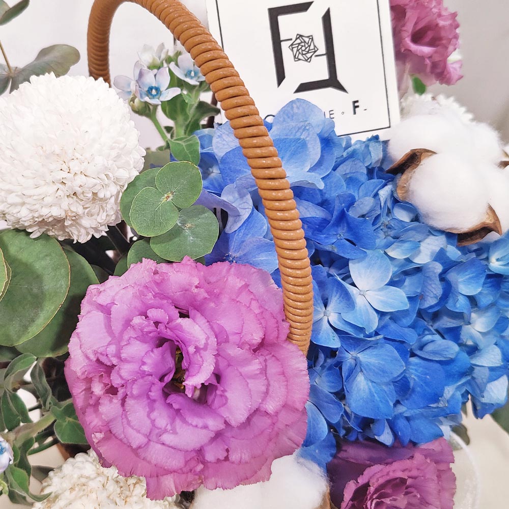 Tranquil Blues | Blue Hydrangea, Wavy Purple Eustoma Hand-Carried Fresh Flower Basket 2 Tranquil Blues | Blue Hydrangea, Wavy Purple Eustoma Hand-Carried Fresh Flower Basket - TP040002