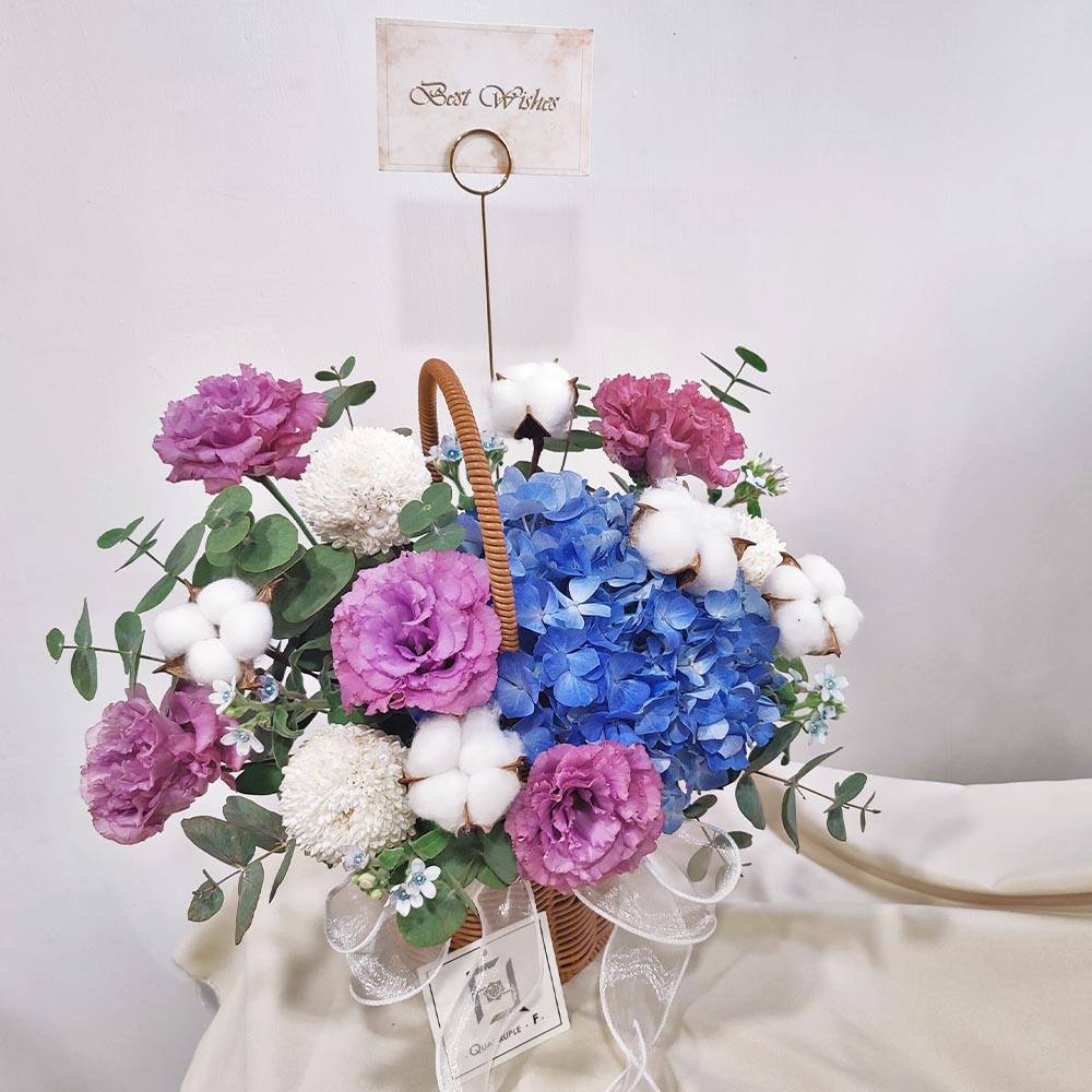Tranquil Blues | Blue Hydrangea, Wavy Purple Eustoma Hand-Carried Fresh Flower Basket 3 Tranquil Blues | Blue Hydrangea, Wavy Purple Eustoma Hand-Carried Fresh Flower Basket - TP040002