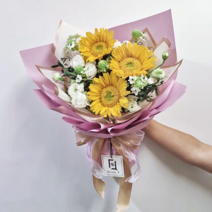 紫霞追光 | 綠芯向日葵白桔梗鮮花花束 - BL060012