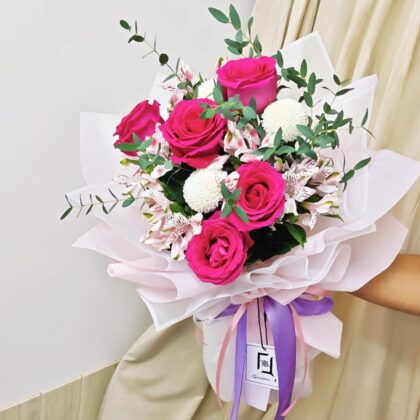 桃紅玫瑰白乒乓鮮花花束 BL010004