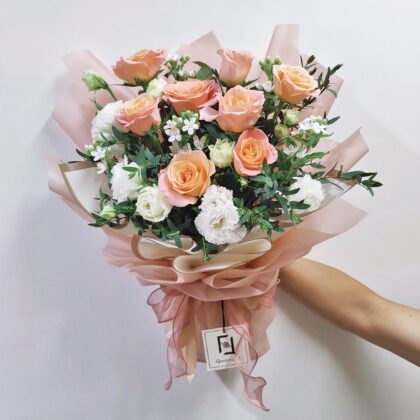 玫瑰圓舞 | 橙粉玫瑰白桔梗鮮花花束 - BL010051