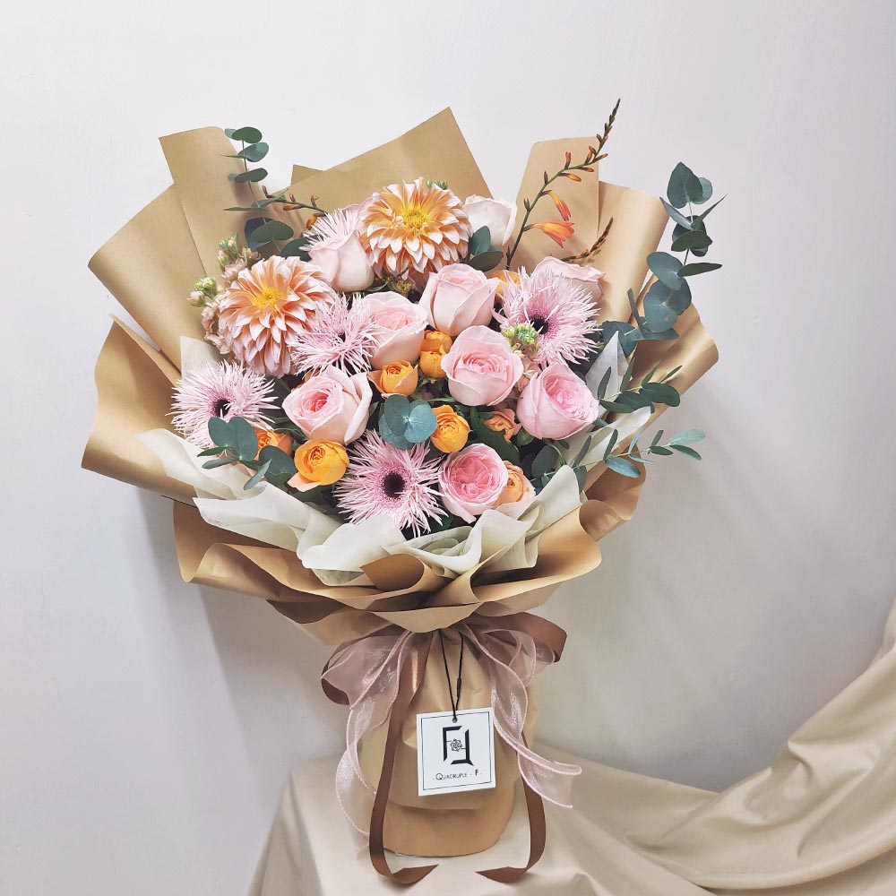 桃韻流光 | 粉紅玫瑰橙粉大理花鮮花花束 3 桃韻流光 | 粉紅玫瑰橙粉大理花鮮花花束 - BH010013