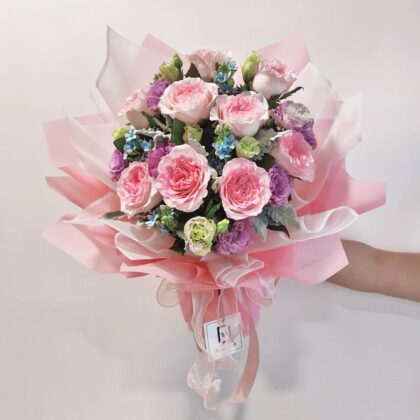 粉玫瑰波浪紫洋桔梗鮮花花束 BL010041