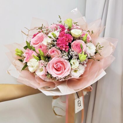 粉玫瑰粉白洋桔梗鮮花花束 BL010020