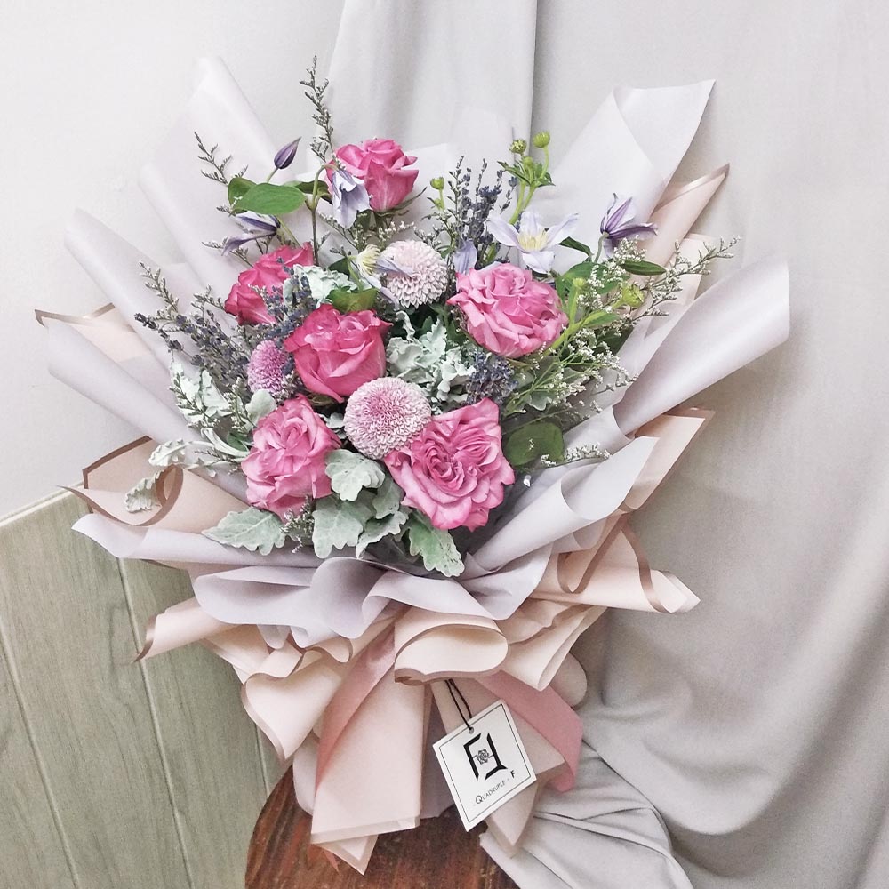 優雅幻愛 | 紫玫瑰紫乒乓鮮花花束 3 優雅幻愛 | 紫玫瑰紫乒乓鮮花花束 - BL010027