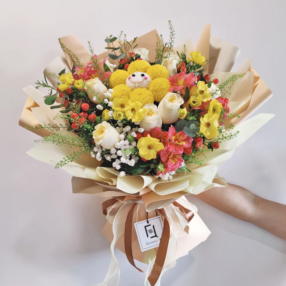 Sunny Glow | Smiley Ping Pong Mum, Garden Rose & Butterfly Ranunculus Fresh Flower Bouquet 1 Sunny Glow | Smiley Ping Pong Mum, Garden Rose & Butterfly Ranunculus Fresh Flower Bouquet - BH010014