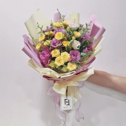 波浪紫洋桔梗黃小玫瑰鮮花花束 BM100011