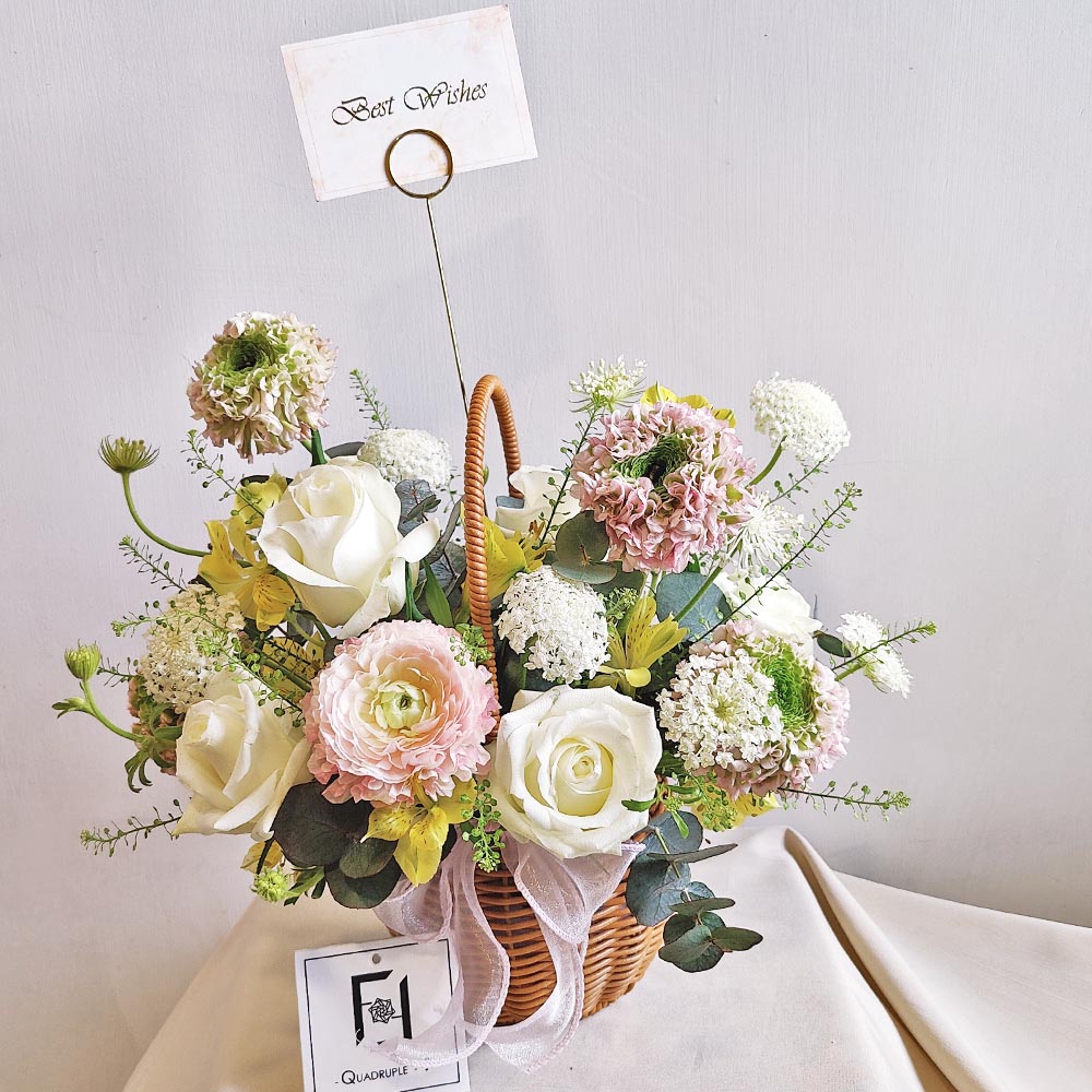 Koi Radiance | White Rose & Koi Ranunculus Hand-Carried Fresh Flower Basket 3 Koi Radiance | White Rose & Koi Ranunculus Hand-Carried Fresh Flower Basket - TP010005