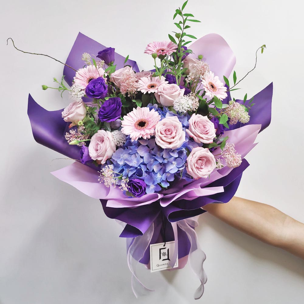 Purple Iris Mist | Light Purple Hydrangea & Pink Purple Rose Fresh Flower Bouquet 1 Purple Iris Mist | Light Purple Hydrangea & Pink Purple Rose Fresh Flower Bouquet - BL010055