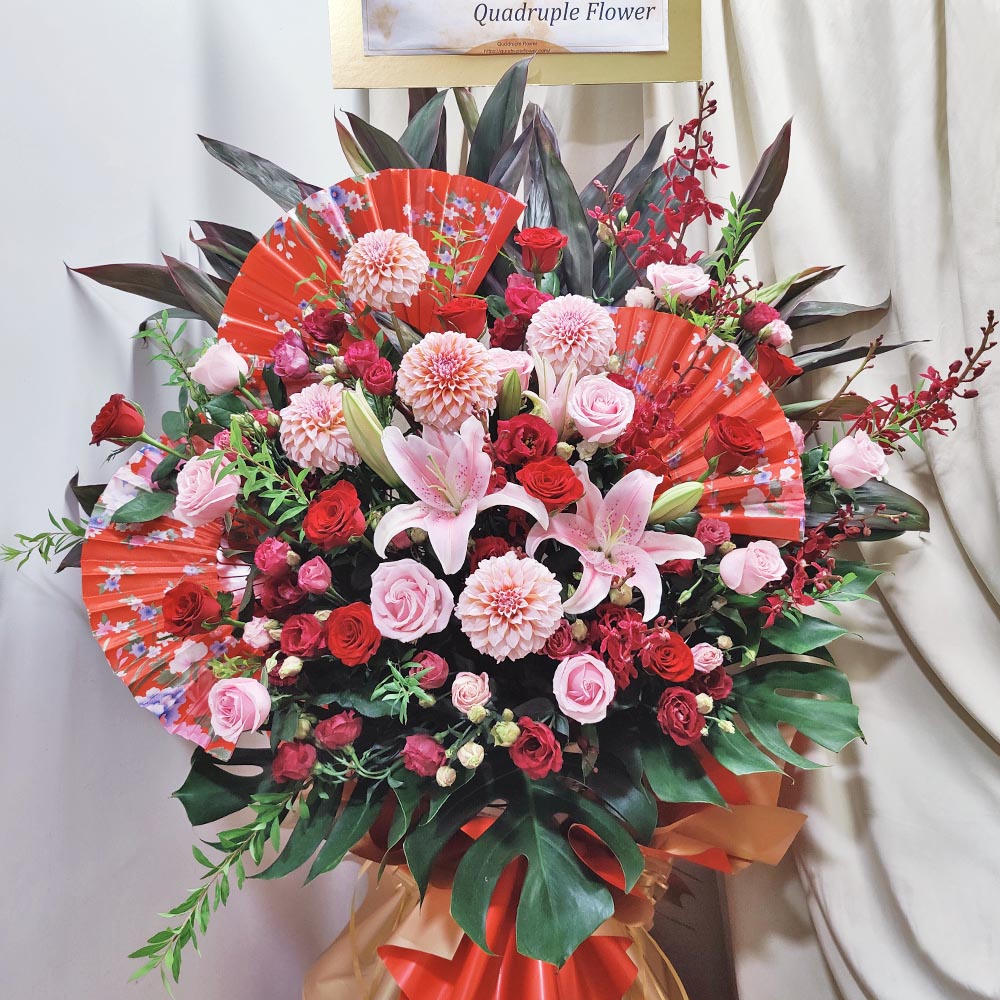 Colorful Splendor | Pink Lily, Dahlia & Red Folding Fan Grand Opening Congratulatory Fresh Flower Stand 1 Colorful Splendor | Pink Lily, Dahlia & Red Folding Fan Grand Opening Congratulatory Fresh Flower Stand - FS050002