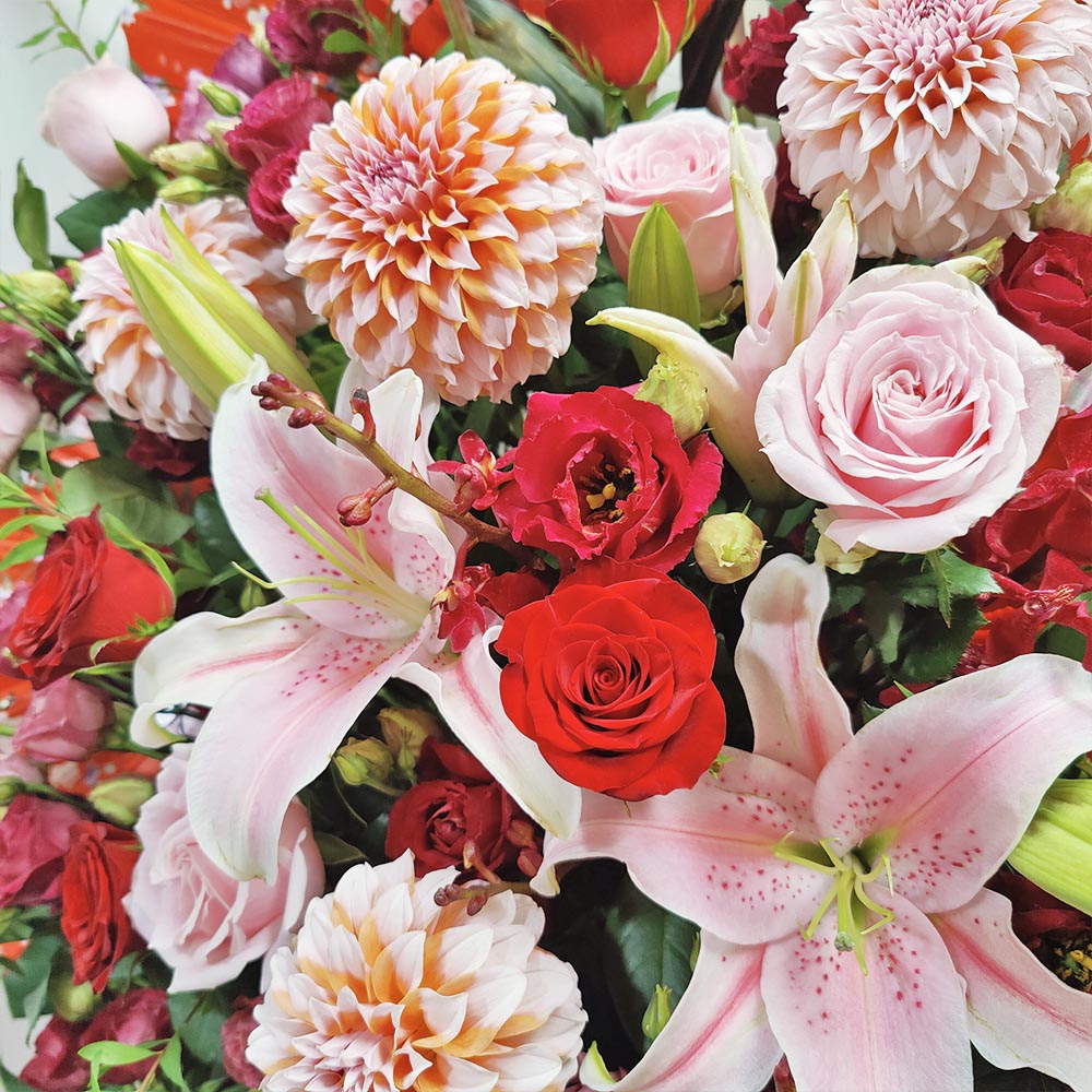 Colorful Splendor | Pink Lily, Dahlia & Red Folding Fan Grand Opening Congratulatory Fresh Flower Stand 3 Colorful Splendor | Pink Lily, Dahlia & Red Folding Fan Grand Opening Congratulatory Fresh Flower Stand - FS050002